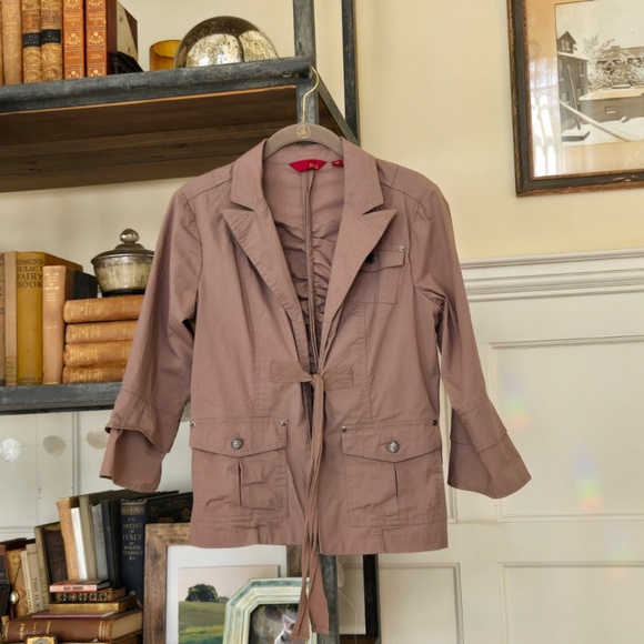 G.I.L.I. stylish khaki Jacket or Blazer with pockets, ruching and tie front. o/s - Picture 9 of 12